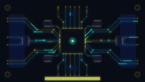 Futuristic processor chip and digital motherboard circuit HUD loop Stock Footage 347214294