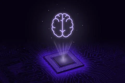 Futuristic processor chip with glowing brain hologram above circuit board, .. 스톡 사진