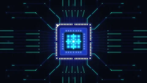 Futuristic processor chip with glowing circuit lines and data flow 스톡 동영상 347202680