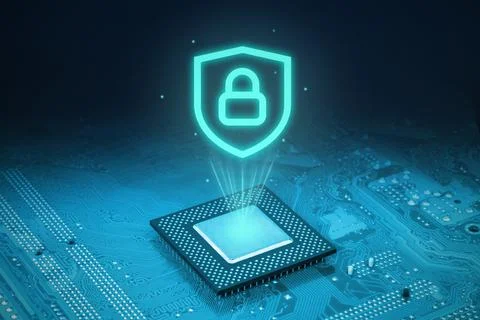 Futuristic processor chip with glowing security lock hologram above motherb.. Stock Photos