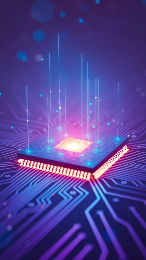 Futuristic processor chip with neon digital circuit loop Video stock 335577101