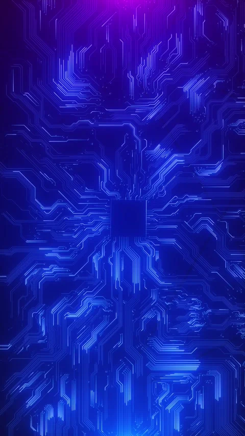 Futuristic processor circuit pattern with blue electronic lines, central chip Stock Footage 334128726