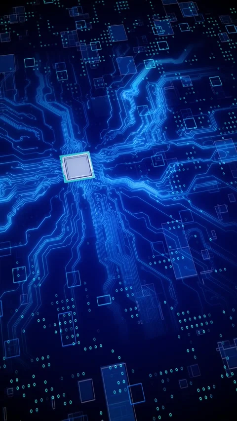 Futuristic processor circuit scene electric blue pathways, coded elements, glowi Stock Footage 340453073
