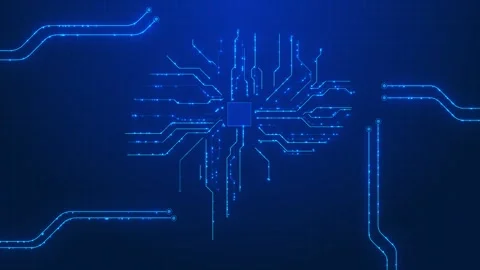 Futuristic processor circuit visual blue glowing traces, electronic nodes, clean Stock Footage 340527382