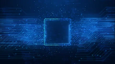 Futuristic processor circuit visual cyan glowing square, blue data lines, floati Stock Footage 340577254