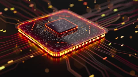 Futuristic processor with glowing digital data lines Stock Footage 348017706