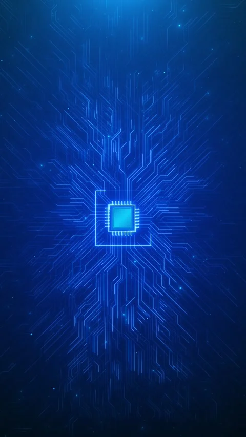 Futuristic processor technology background blue circuit paths, central glowing Stock Footage 334128991