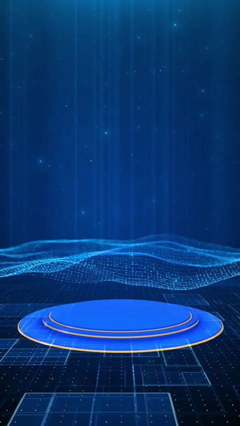 Futuristic product podium scene circular platform, glowing data landscape Stock Footage 333979790