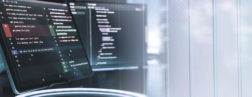 Futuristic Programming Workspace with Code Screens and Transparent UI Overl.. Stock Photos