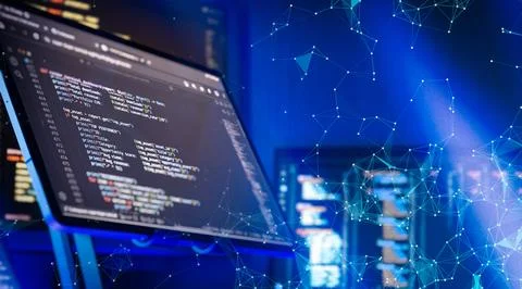 Futuristic Programming Workspace With Coding Screen, Neural Network Visualiza Stock Photos