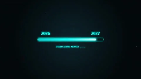 Futuristic progress bar visualizing transition from 2026 to 2027 with glowi.. Видео 342049434