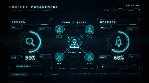 Futuristic project management dashboard interface with glowing data charts Видео 347737561
