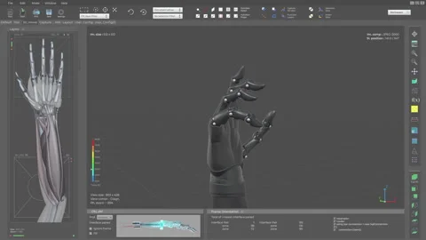 Futuristic Prosthetic Arm Designed In High Tech Medical 3D Printer Interface Stock Footage 304706772