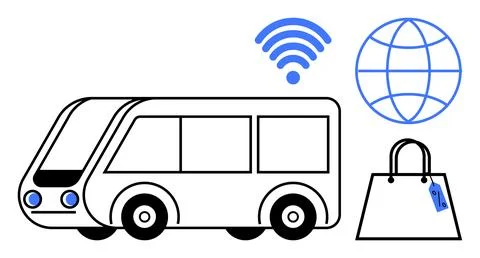 Futuristic Public Bus with wireless, Global Connectivity, and Shopping Bag .. Stock Illustration