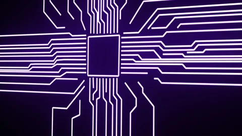 Futuristic Purple CPU Processor with White Glowing Circuit Board Technology Stock Footage 340306088