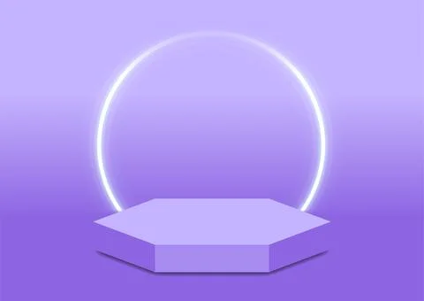 Futuristic purple hexagonal podium with glowing neon circle on gradient backg Stock-Illustration