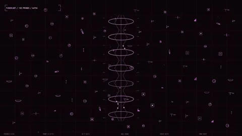 Futuristic purple HUD interface with central signal column and scrolling ta.. Stock Footage 334114855