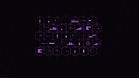 Futuristic Purple HUD Interface with Hexagonal Data Grid and Tactical Ship .. Stock Footage 334096488