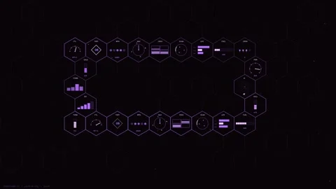 Futuristic Purple HUD Interface with Hexagonal Data Widgets and Tactical Sp.. Stock Footage 334114353