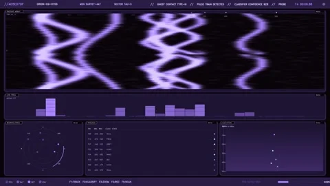 Futuristic Purple HUD Interface with Sonar Array and Tactical Telemetry Displ Stock-Footage 334093678