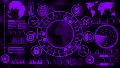 Futuristic Purple HUD Tech Interface and Digital Globe 4k Stock Footage 340593395