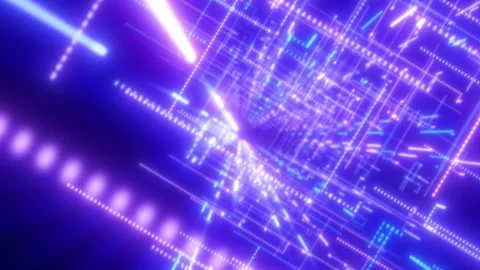 Futuristic purple neon data grid with glowing lines and light streaks Stock Footage 329064483