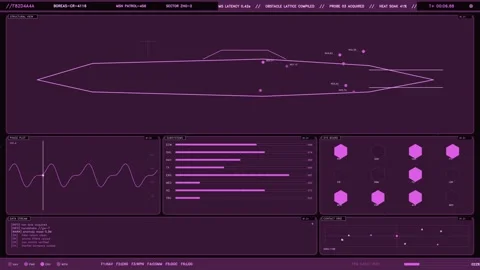 Futuristic purple sci-fi HUD interface with spacecraft telemetry data and t.. Stock Footage 334089989