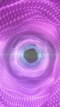 Futuristic purple wireframe vortex with glowing polygon mesh, digital tunne.. Stock Illustration