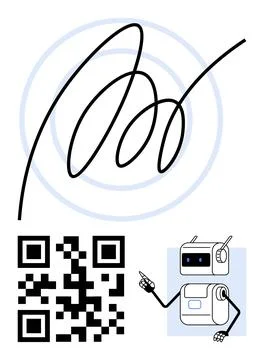 Futuristic QR Code and Autonomous Robot with Dynamic Abstract Line Art in B.. Illustrazione stock