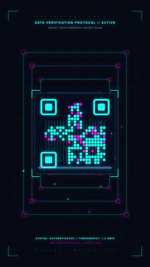 Futuristic qr code scanning animation with cyber HUD interface loop Vidéo 346545095
