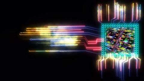 Futuristic quamtum computer chip  digital intelligent twisted light high speed Video stock 160050951
