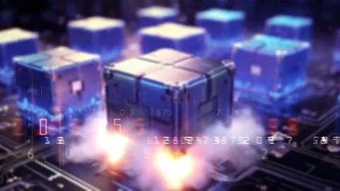 Futuristic Quantum Computer Cube Launching from a Circuit Board Representin.. Stock Footage 312004303
