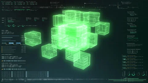 Futuristic Quantum Computing Simulation HUD Stock Footage 147422031