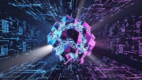 Futuristic quantum data core rotating inside a glowing neon circuit tunnel .. Stock Footage 346128537