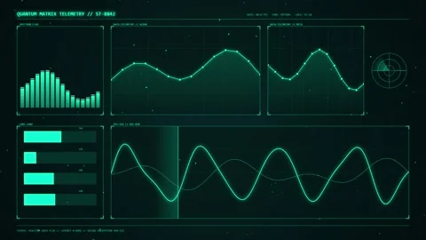 Futuristic quantum matrix telemetry interface showing glowing green data an.. Stock Footage 347995445