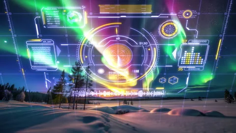 Futuristic radar interface that analyzes aurora borealis 스톡 동영상 314194312