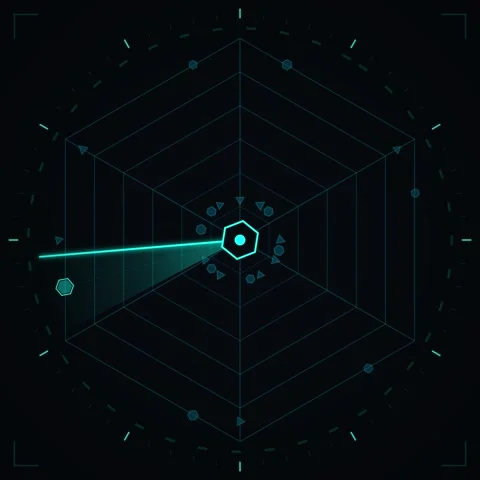 Futuristic Radar Interface with Hexagon Target and Arrow Scan Stock Footage 347264711