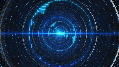 Futuristic radar ring interface visual cyan circular lines, bright center flare, Stock Footage 340573588