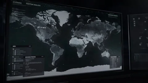 Futuristic radar tech user interface detects target gps signal in the Near East Stock Footage 288110583