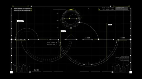 Futuristic Radial Data Dashboard With Connected Circular Graphs Grid Stock Footage 341559895