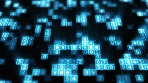Futuristic Random Number Memory Grid Tiles Inside Digital Computer Foto stock