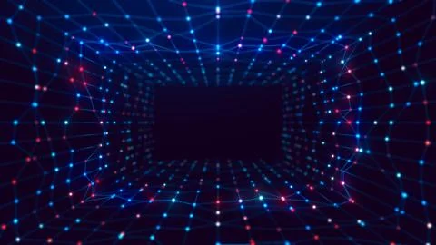 Futuristic Rectangular Wireframe Network Tunnel With Glowing Depth Perspectiv Stockillustratie