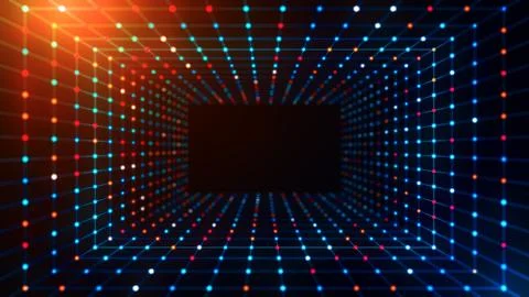 Futuristic Rectangular Wireframe Network Tunnel With Colorful Light Perspecti Stockillustratie