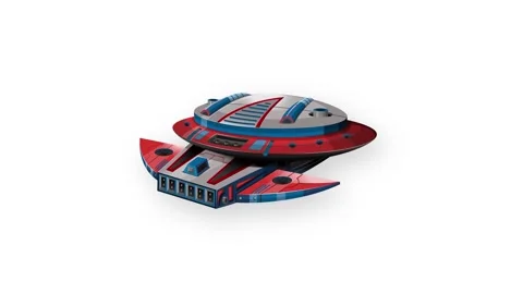 Futuristic Red and Blue Spaceship Floating on White Background Stock Footage 345041221