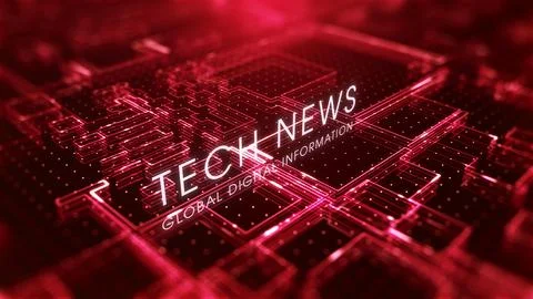 Futuristic Red Circuit Board Background Featuring Tech News Lettering Illustrazione stock