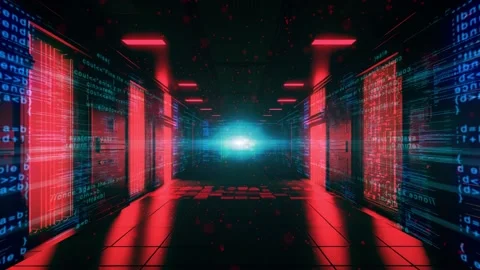 Futuristic Red colour server room with digital code on the walls. Stock Footage 233170217