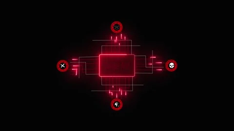 Futuristic Red CPU Chip With Connected Icons For Security Threats And Data .. Stock Footage 331879998