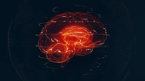 Futuristic red digital brain. Neurons firing in MRI scan イラスト素材