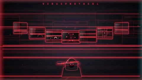 Futuristic Red Digital Interface Displaying Virus Protocol Cyber Security 库存影片 341834530