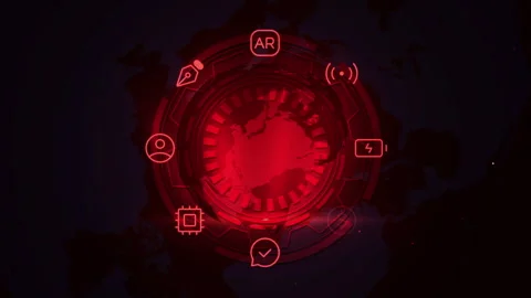 Futuristic Red Digital Interface with Globe and Icons in Dark Atmosphere 库存影片 339114036